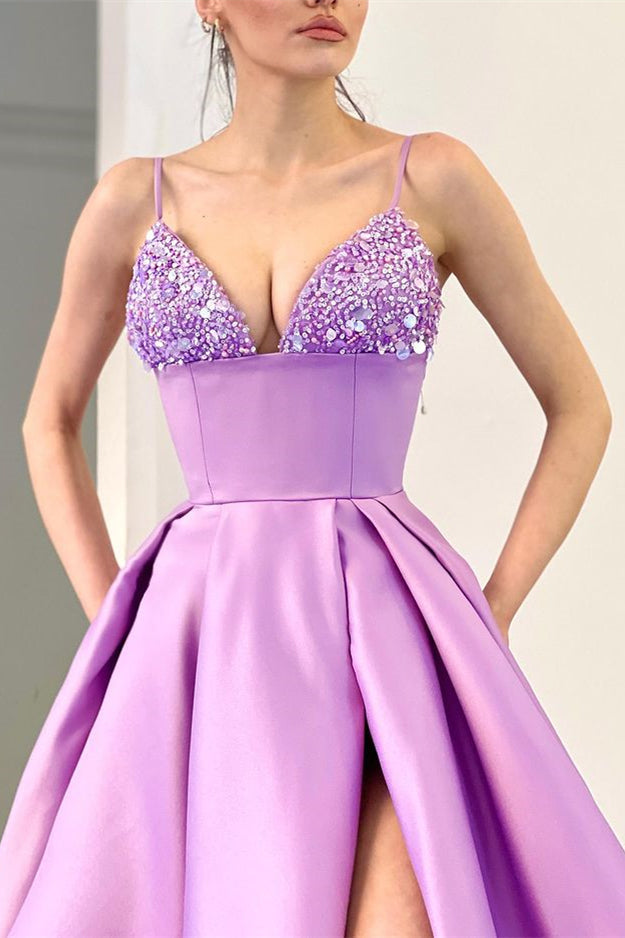 Fabulous Lilac Spaghetti-Straps Sleeveless Evening Dresses Slit Long With Sequins-ballbellauk