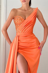 Fabulous Orange Sleeveless Mermaid Evening Dress Long Slit With Beadings-ballbellauk