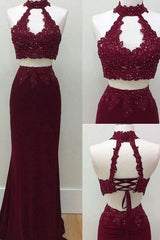 Fabulous Sheath With Appliques Halter Sleeveless Long Spandex Two Piece Prom Dress-ballbellauk