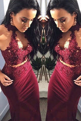 Fabulous Sheath With Appliques Halter Sleeveless Long Spandex Two Piece Prom Dress-ballbellauk