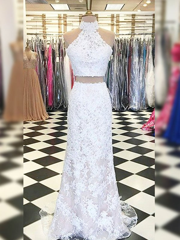 Fabulous Sheath With Appliques Halter Sleeveless Two Piece Prom Dress with Lace-ballbellauk