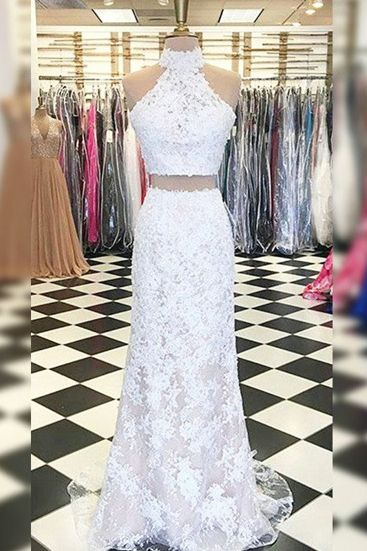 Fabulous Sheath With Appliques Halter Sleeveless Two Piece Prom Dress with Lace-ballbellauk