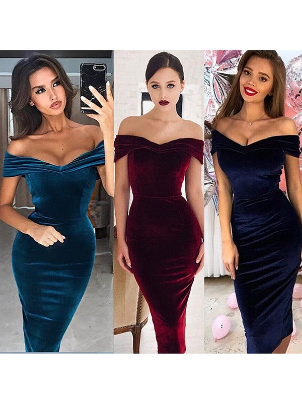 Fabulous Velvet Sheath Ruched Off-the-Shoulder Sleeveless Tea-Length Prom Dress-ballbellauk