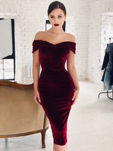 Fabulous Velvet Sheath Ruched Off-the-Shoulder Sleeveless Tea-Length Prom Dress-ballbellauk