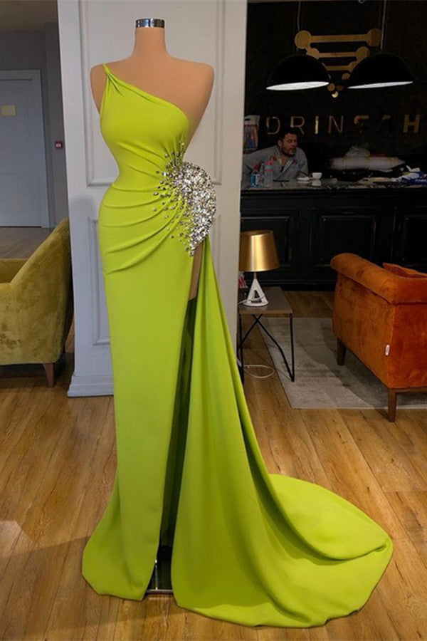 Fabulous Yellow Green One Shoulder Prom Dresses Mermaid Long Slit With Beadings-ballbellauk