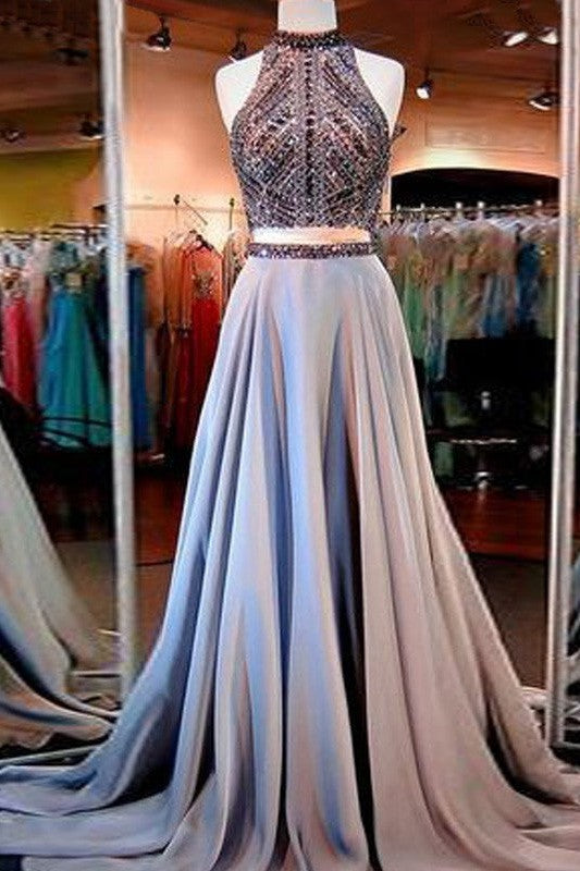 Fashion Gorgeous Satin Sleeveless Floor Length With Beading Two Piece Prom Dress-ballbellauk