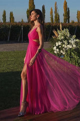 Fuchsia A-Line Tulle Prom Dress UK with Spaghetti Straps & Split-ballbellauk