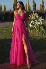 Fuchsia A-Line Tulle Prom Dress UK with Spaghetti Straps & Split-ballbellauk