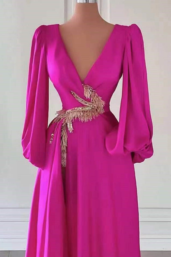 Fuchsia Dark V-Neck A-Line Prom Dress UK With Embellishment-ballbellauk