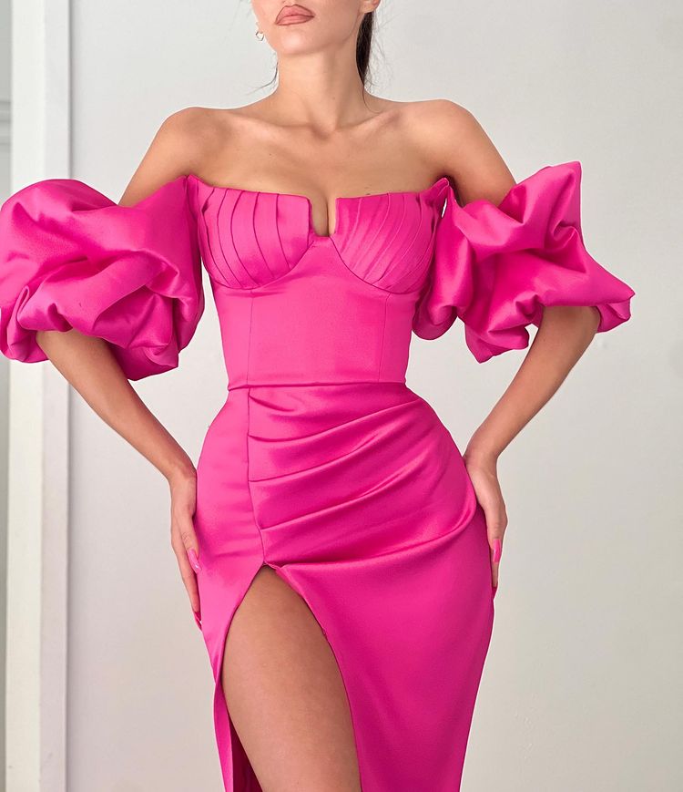 Fuchsia Strapless Evening Dress With Puff Sleeves & Split for Special Occasions-ballbellauk