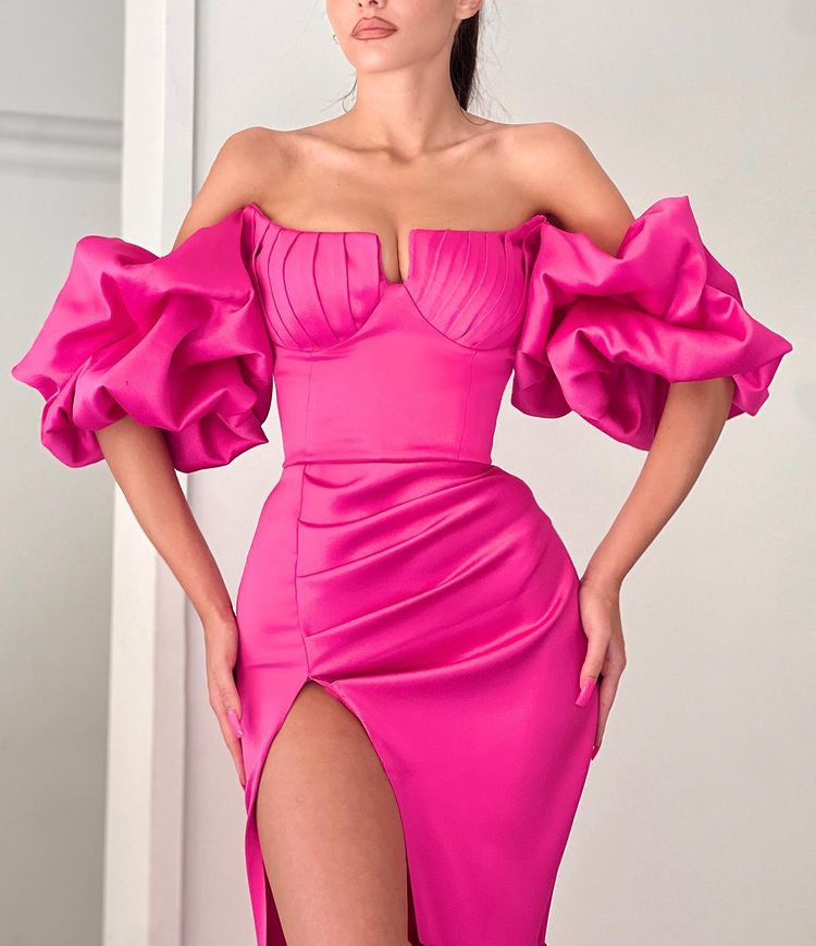 Fuchsia Strapless Evening Dress With Puff Sleeves & Split for Special Occasions-ballbellauk