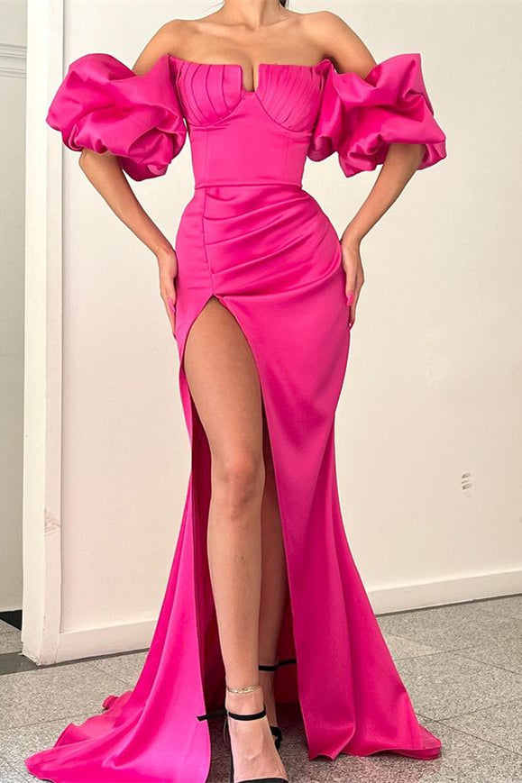 Fuchsia Strapless Evening Dress With Puff Sleeves & Split for Special Occasions-ballbellauk