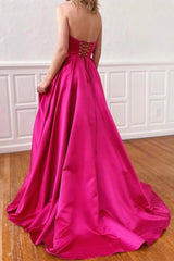 Fuchsia Strapless Prom Dress UK with Pockets and Side Split-ballbellauk