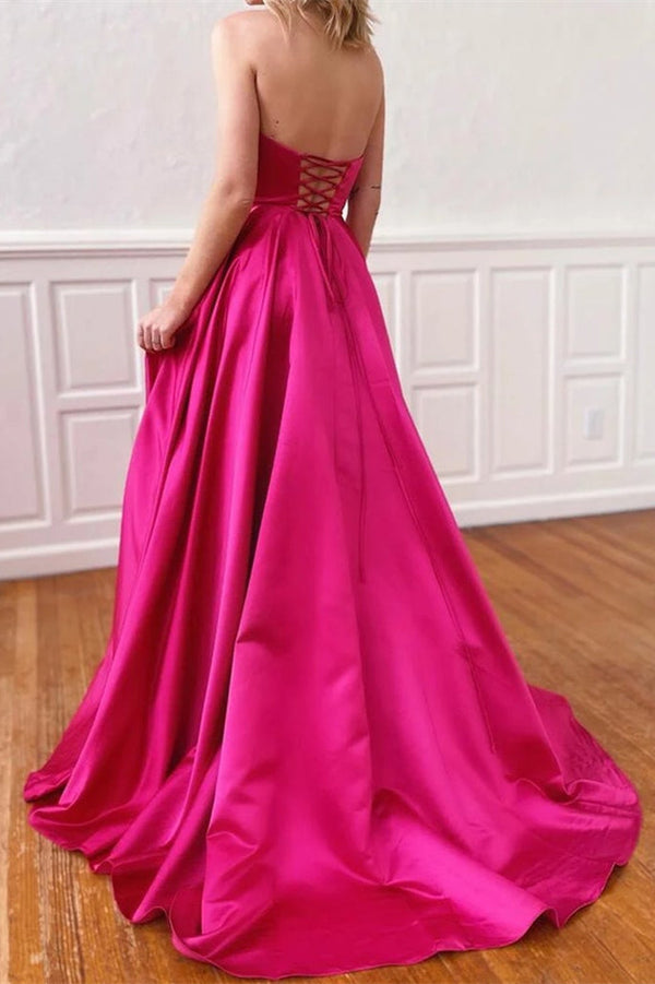 Fuchsia Strapless Prom Dress UK with Pockets and Side Split-ballbellauk