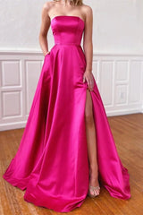 Fuchsia Strapless Prom Dress UK with Pockets and Side Split-ballbellauk