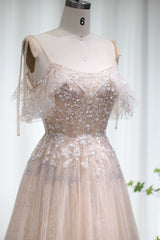 Glamorous A Line Spaghetti Strap Tulle Prom Dress UK With Diamond Appliques-ballbellauk