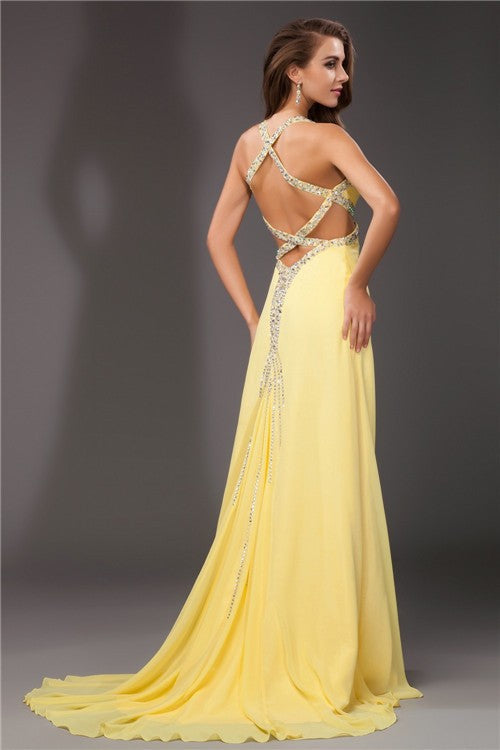 Glamorous Beading Halter Sleeveless Long Evening Dress Chiffon-ballbellauk