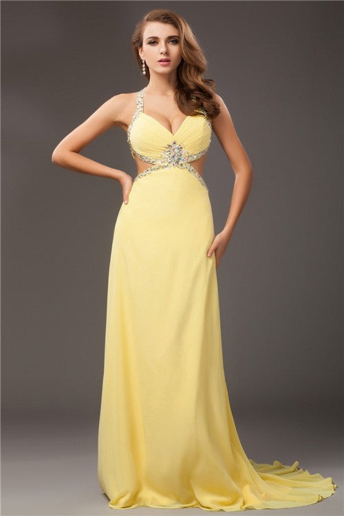 Glamorous Beading Halter Sleeveless Long Evening Dress Chiffon-ballbellauk