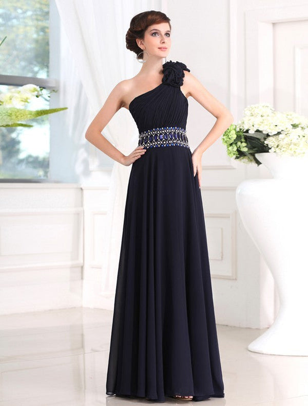 Glamorous Beading One-shoulder Sleeveless Long Evening Dress Chiffon-ballbellauk