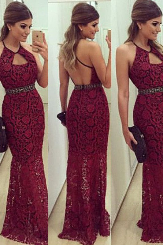 Glamorous Beading Sleeveless Long Halter Lace Prom Dress-ballbellauk