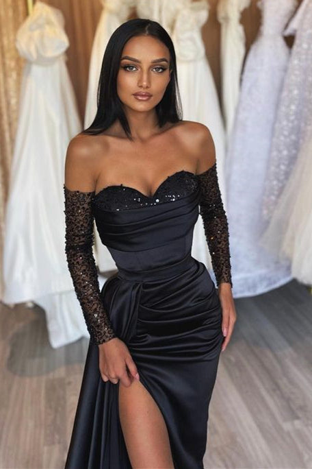 Glamorous Black Sequins Mermaid Evening Dress With Split-ballbellauk