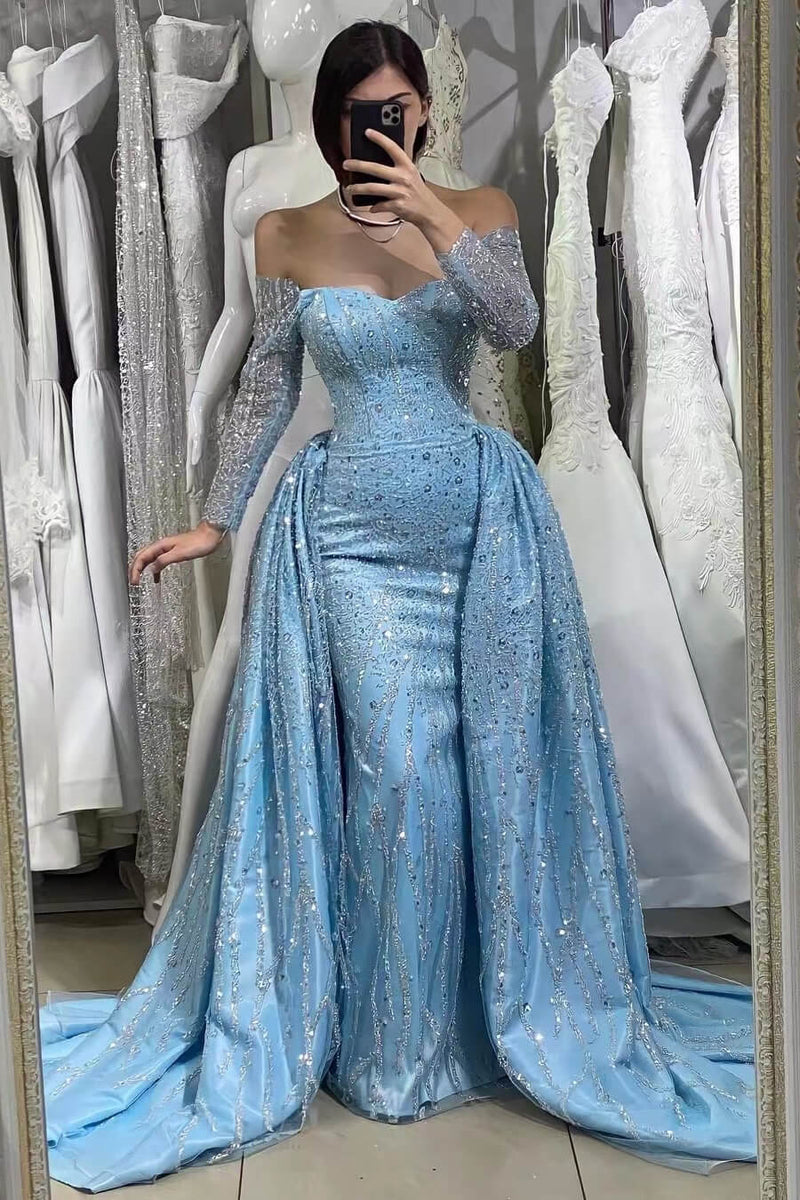 Glamorous Blue Evening Dress with Long Sleeves and Beads-ballbellauk