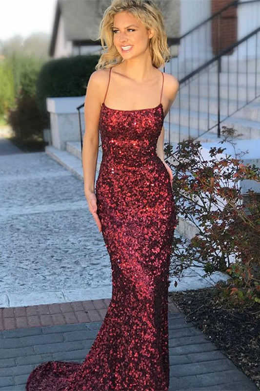 Glamorous Burgundy Sequins Mermaid Prom Dress UK-ballbellauk