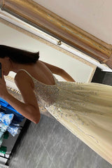 Glamorous Daffodil Tulle A-Line Prom Dress UK With Beadings-ballbellauk