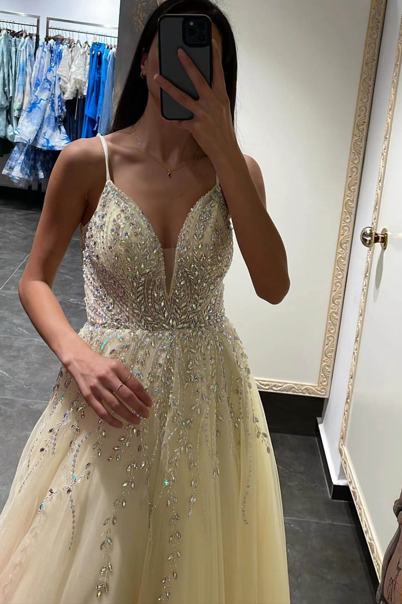 Glamorous Daffodil Tulle A-Line Prom Dress UK With Beadings-ballbellauk