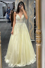 Glamorous Daffodil Tulle A-Line Prom Dress UK With Beadings-ballbellauk