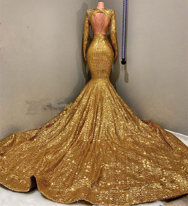 Glamorous Gold Mermaid Prom Dress UK with Long Sleeves and V-Neck Applique-ballbellauk