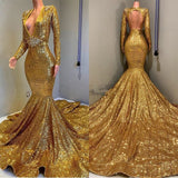 Glamorous Gold Mermaid Prom Dress UK with Long Sleeves and V-Neck Applique-ballbellauk