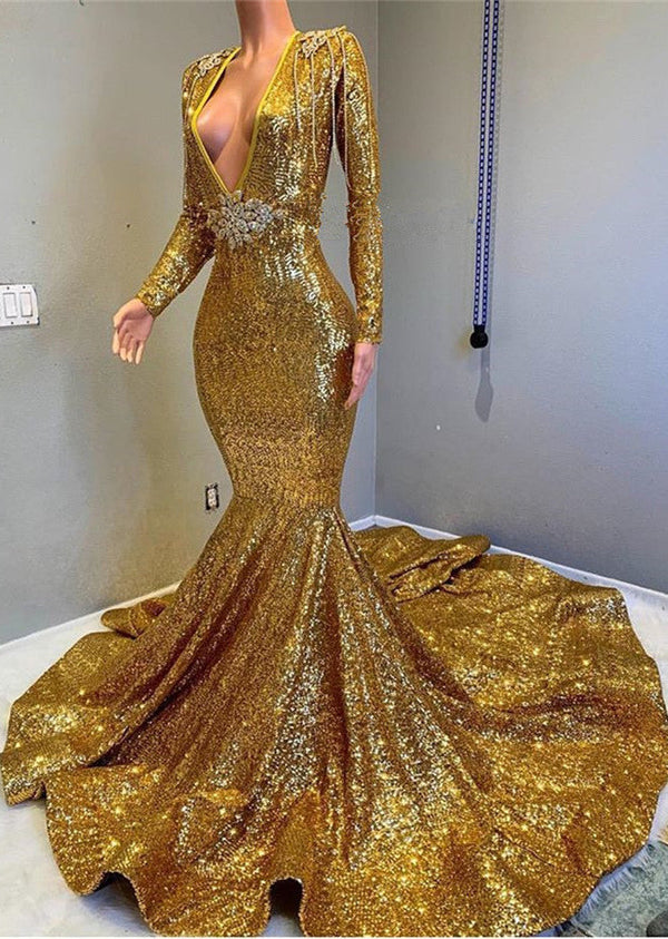 Glamorous Gold Mermaid Prom Dress UK with Long Sleeves and V-Neck Applique-ballbellauk