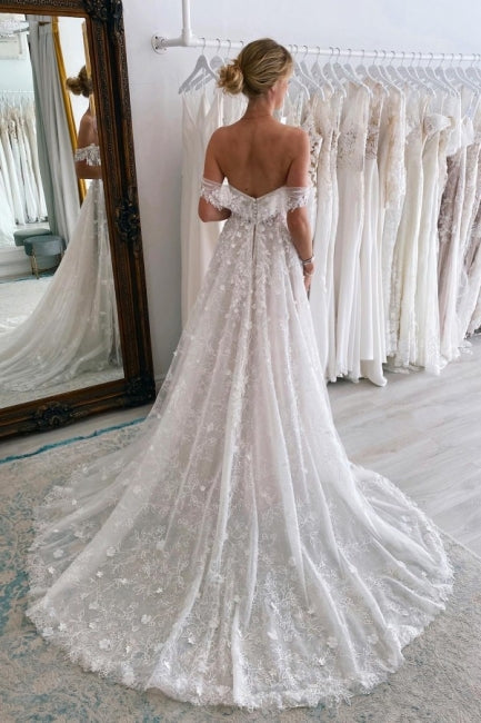 Glamorous Long A-Line Off-the-shoulder Lace Wedding Dresses With Glitter-ballbellauk