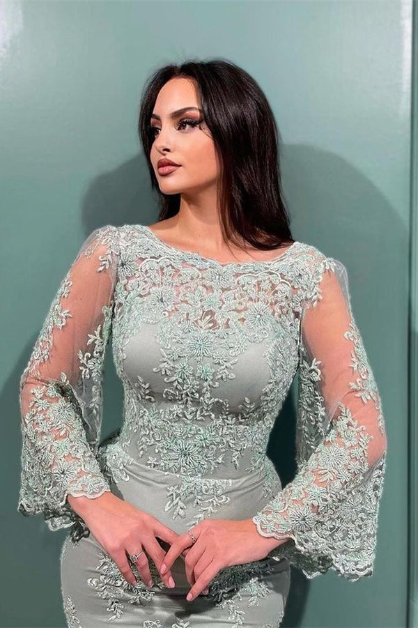 Glamorous Long Sleeve Mermaid Evening Dress with Lace Appliques Bateau-ballbellauk