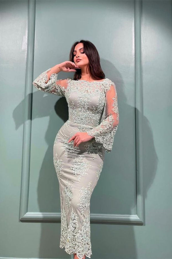 Glamorous Long Sleeve Mermaid Evening Dress with Lace Appliques Bateau-ballbellauk