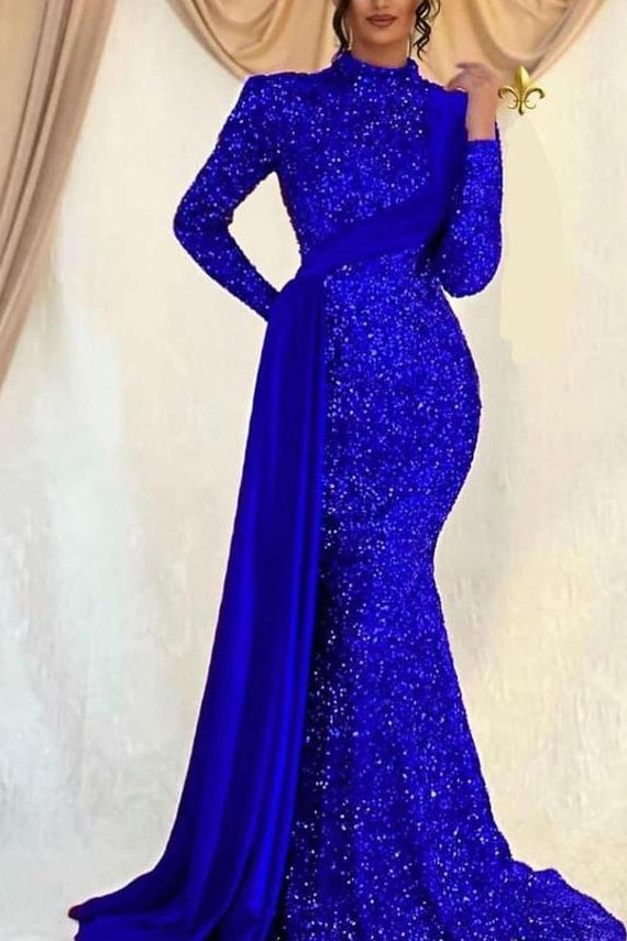 Glamorous Long Sleeves Prom Dress UK with Mermaid Sequins and Ruffles-ballbellauk