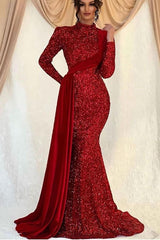 Glamorous Long Sleeves Prom Dress UK with Mermaid Sequins and Ruffles-ballbellauk