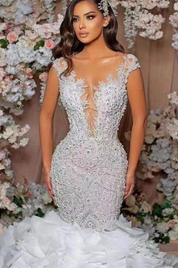 Glamorous Mermaid Lace Appliques Wedding Dress with Cap Sleeves & Ruffle-ballbellauk