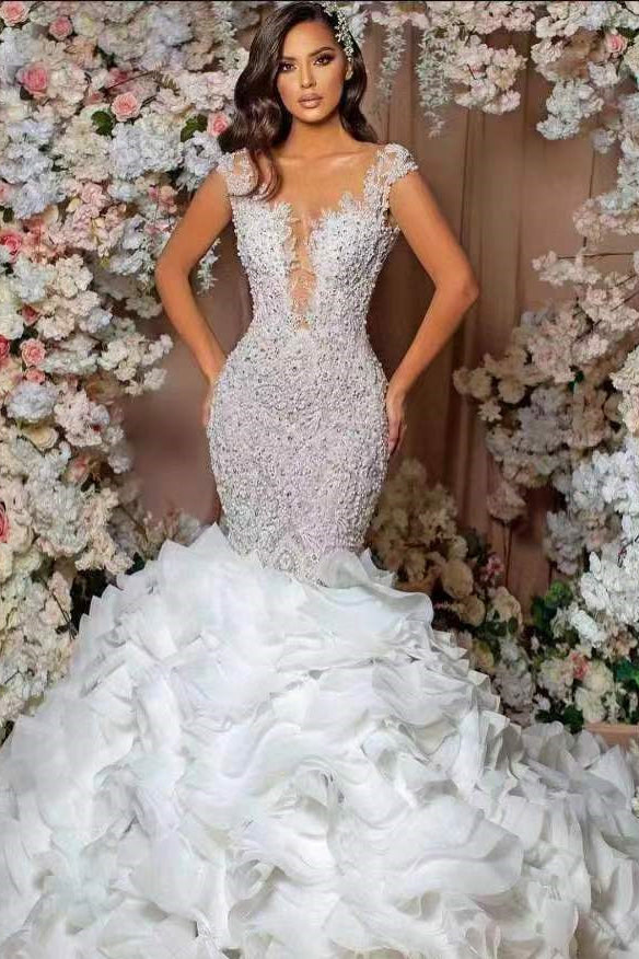 Glamorous Mermaid Lace Appliques Wedding Dress with Cap Sleeves & Ruffle-ballbellauk