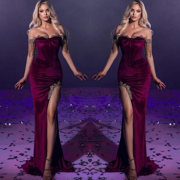 Glamorous Mermaid Slit Prom Dress UK Beads with Rhinstone Tassels Off-The-Shoulder-ballbellauk