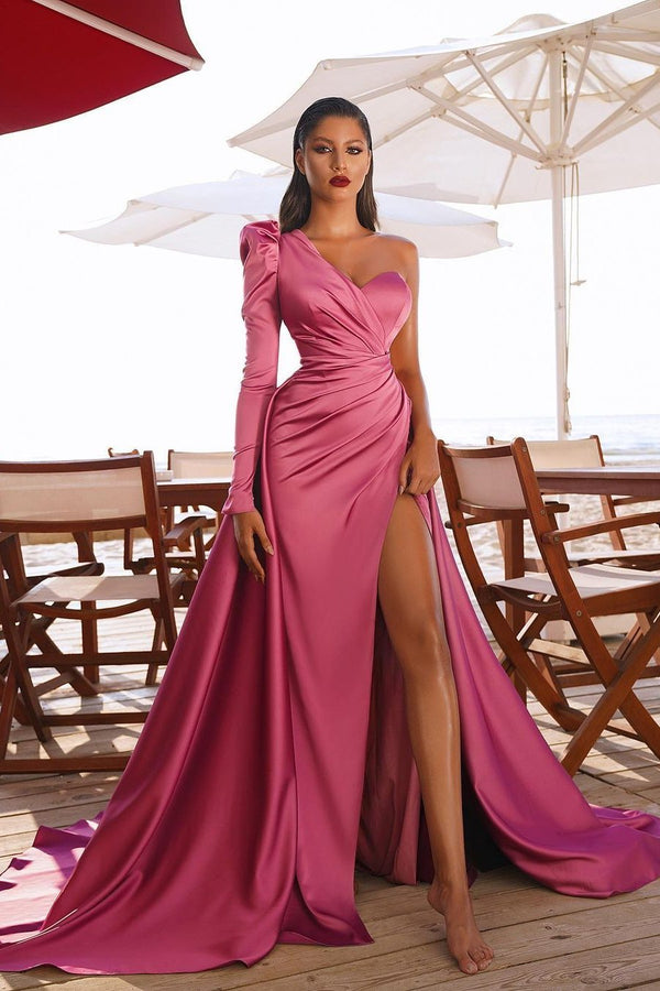 Glamorous One Shoulder Long Sleeves Prom Dress UK With Slit-ballbellauk