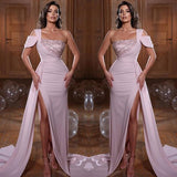 Glamorous One-Shoulder Mermaid Sequins Evening Dress with Slit Ruffles-ballbellauk