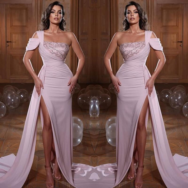 Glamorous One-Shoulder Mermaid Sequins Evening Dress with Slit Ruffles-ballbellauk