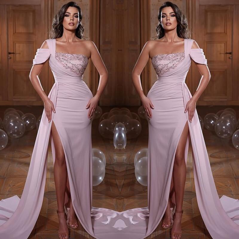 Glamorous One-Shoulder Mermaid Sequins Evening Dress with Slit Ruffles-ballbellauk