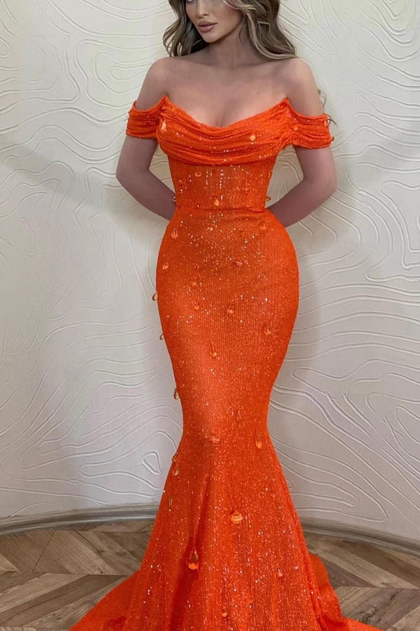 Glamorous Orange Off-The-Shoulder Prom Dress UK With Sequins Mermaid-ballbellauk