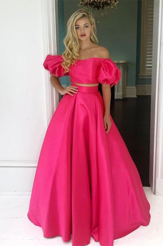 Glamorous Party Dress Ruffles Off-the-Shoulder Short Sleeves Long Two Piece Prom Dress-ballbellauk