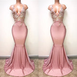 Glamorous Pink Spaghetti-Straps Long Mermaid Prom Dress UK With Lace Appliques-ballbellauk