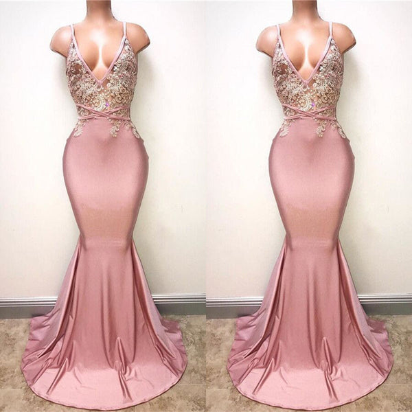 Glamorous Pink Spaghetti-Straps Long Mermaid Prom Dress UK With Lace Appliques-ballbellauk