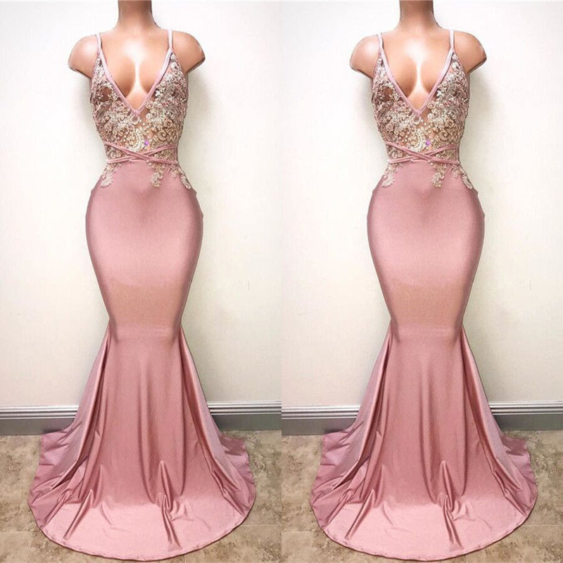 Glamorous Pink Spaghetti-Straps Long Mermaid Prom Dress UK With Lace Appliques-ballbellauk